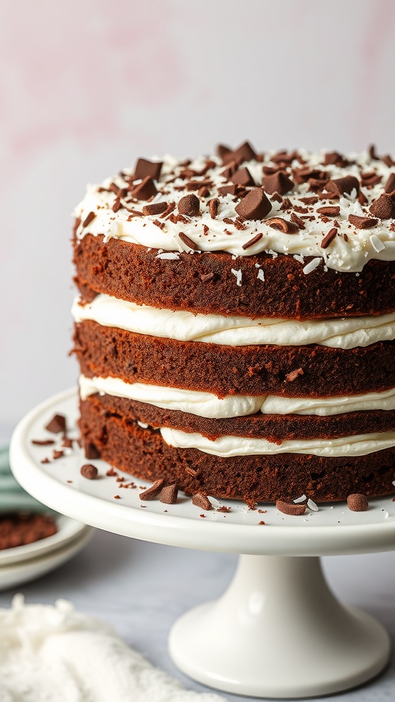 A layered choco-coconut cake with chocolate frosting and coconut decoration on a white stand.